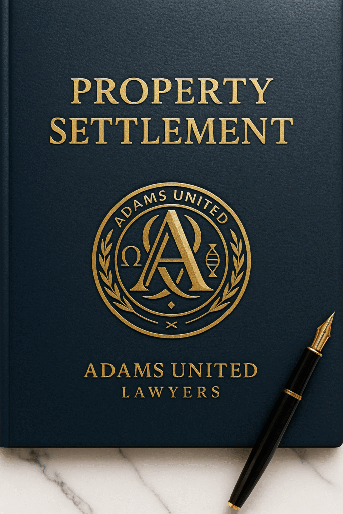 Property Settlement Australia 2025 Guide – Adams United Lawyers professional dark navy and gold luxe law design