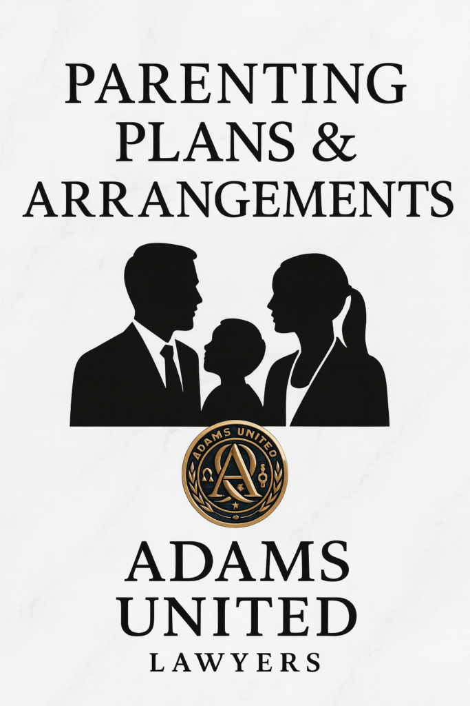 Professional legal hero banner showing ‘Parenting Plans & Arrangements’ with a family silhouette, luxury white marble background, and the Adams United Lawyers gold emblem