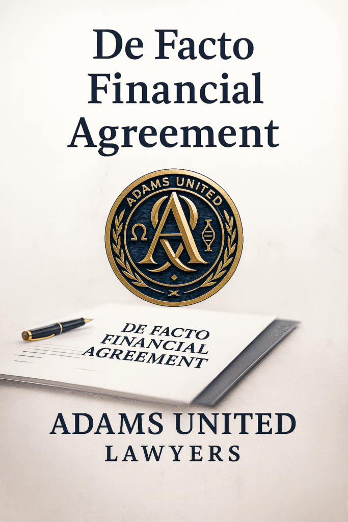 De Facto Financial Agreement Australia 2025 legal guide cover image with Adams United Lawyers logo on a clean white professional background