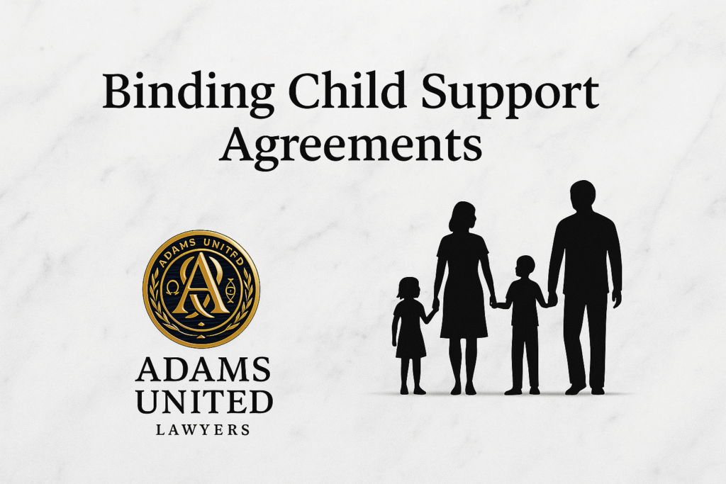 Professional marble legal banner featuring ‘Binding Child Support Agreements’ with a family silhouette and the Adams United Lawyers gold emblem