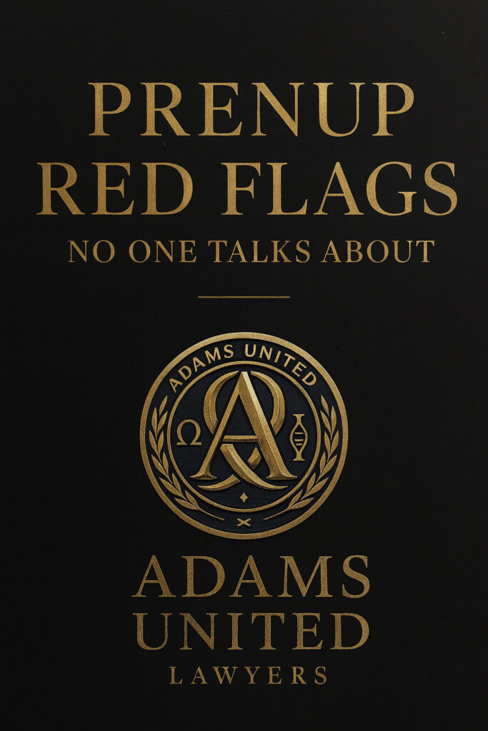 Luxe gold and black Adams United Lawyers design promoting red flags before signing a prenup in Australia.