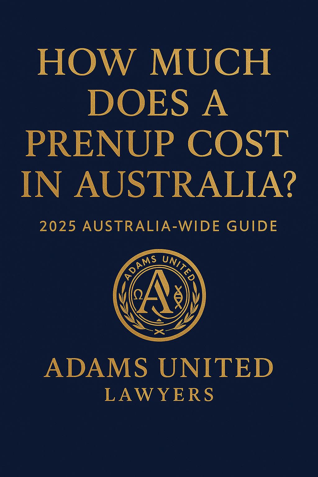 Navy and gold legal graphic displaying the question How Much Does a Prenup Cost in Australia for Adams United Lawyers 2025 guide