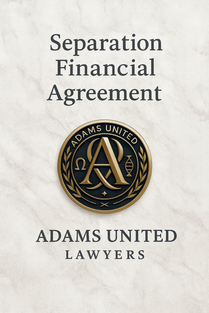 Separation Financial Agreement cover image with Adams United Lawyers gold crest on a marble white background, premium legal design