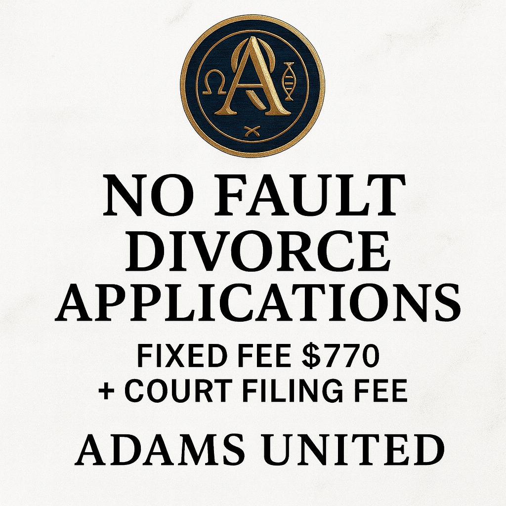 Adams United Lawyers gold crest above text offering no-fault divorce applications with fixed fee $770 plus court filing fee on a light marble background.