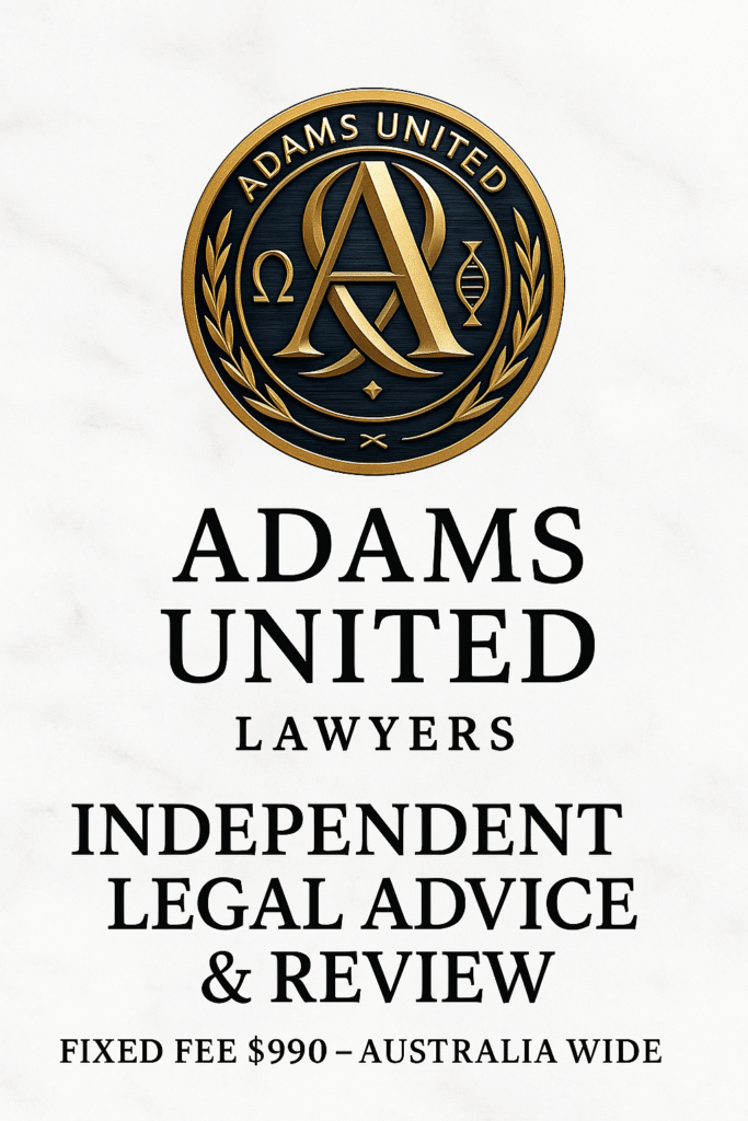 Adams United Lawyers gold and navy crest on light marble background with text promoting Independent Legal Advice and Review – Fixed Fee $990 Australia wide.