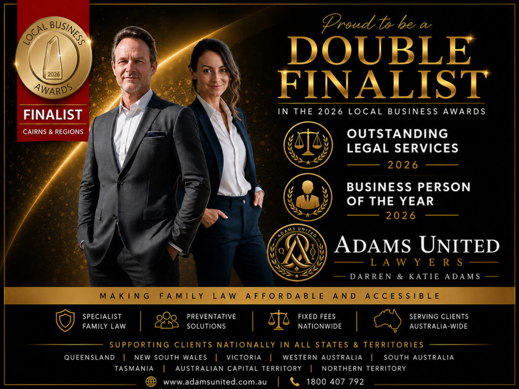 Darren Adams and Katie Adams of Adams United Lawyers recognised as 2026 Outstanding Legal Services Finalists by Precedent Productions in the Cairns Region.