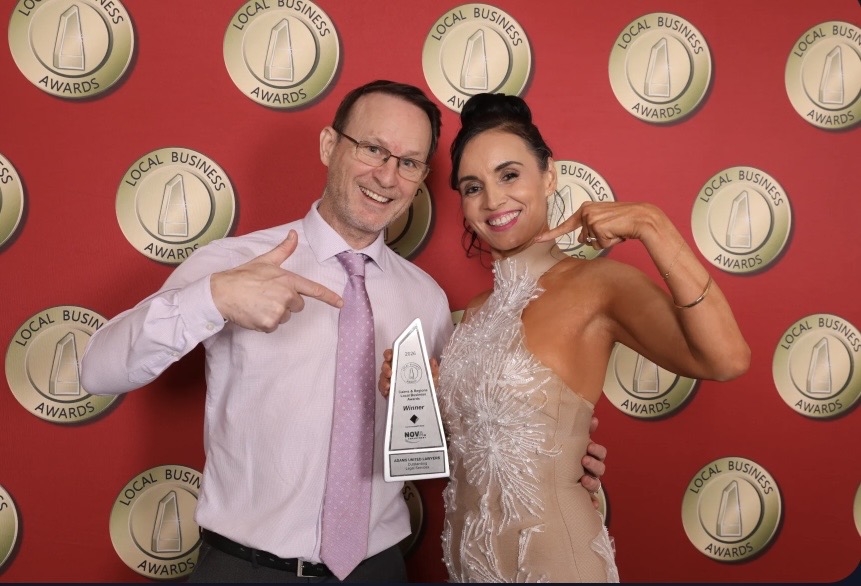 Adams United Lawyers – 2026 Cairns and Far North Queensland Local Business Awards Outstanding Legal Services Winner. Darren and Katie winning award